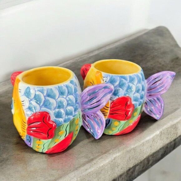 Tabletops Unlimited Dario Farrucci Vissen Fish Large Coffee Mug Cup Ceramic Set2 - Picture 8 of 16